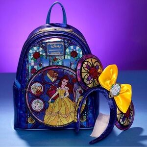 Loungefly Belle Disney Princess Stained Glass LE 1100 Ears & Backpack